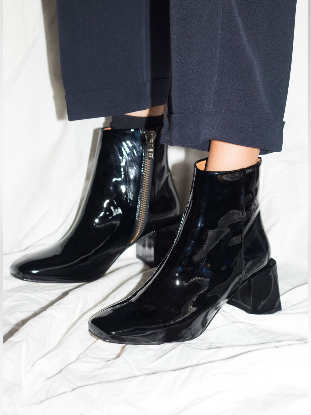 LOQ Black Patent Leather Lazaro Square-Toe Ankle Boots, Size 8 (39)